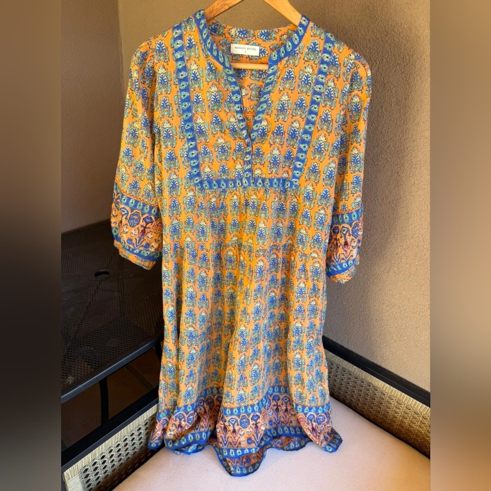 Maison Hotel Yellow Floral Print Cotton Tunic Dress Size S 100% Cotton